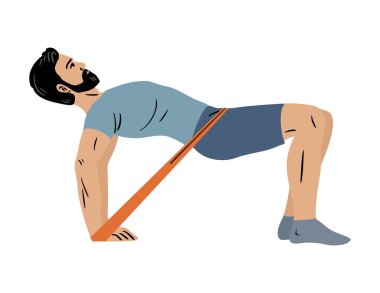 Direniş bandıyla kalça köprüsü egzersizi yapan bir adamın vektör çizimi. Düz stil fitness çalışması beyazda izole edildi