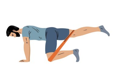 Düz stil giymiş bir adamın direnç bandıyla kalça geri tepmesinin vektör çizimi. Fitness eğitimi, güç egzersizi, rehabilitasyon egzersizi. Beyazda izole edilmiş