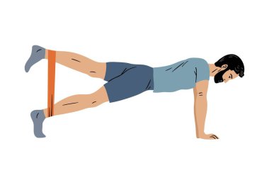 Direnç bandı kullanarak bacak genişletme tahtası kullanan bir adamın düz vektör çizimi. Çekirdek dengesi, fitness eğitimi, ev çalışması. Beyazda izole edilmiş