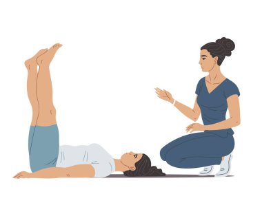 Kadın hasta karın egzersizi yapıyor sırt üstü yatarak spor topuyla bacak kaldırıyor. Fizyoterapi, fitness ve rehabilitasyon düz vektör çizimi