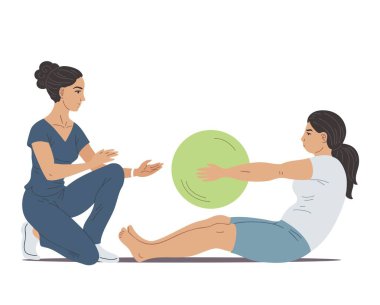 Kadın fizyoterapist, iyileşme ve iyileşme süreci için kadın hastalara rehabilitasyon eğitimi vermesine yardımcı oluyor. Düz tıbbi illüstrasyon
