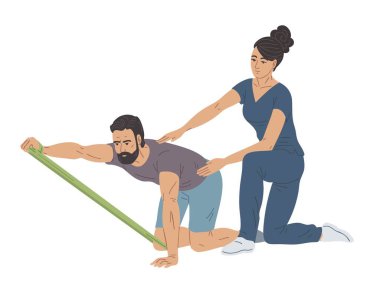 Kadın fizyoterapist erkek hastayı destekliyor. Rehabilitasyon, iyileşme, fizyoterapi ve terapi için direnç bandıyla egzersiz yapıyor. Vektör izole illüstrasyonu
