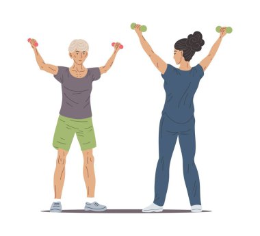 Kadın fizyoterapist, rehabilitasyon, iyileşme, fizyoterapi ve medikal terapi için halterlerle egzersiz yaparken yaşlı hastaya destek olur. Vektör izole illüstrasyonu