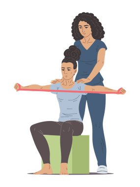 Kadın fizyoterapist, rehabilitasyon, iyileşme, fizyoterapi ve yaralanma terapisi için direnç bandıyla egzersiz yapan kadın hastalara destek oluyor. Vektör izole illüstrasyonu