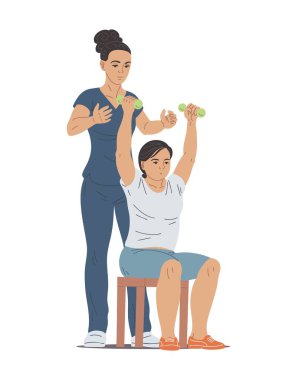 Kadın fizyoterapist, kadın hastaya rehabilitasyon, fizyoterapi, iyileşme ve terapi eğitimi için halter egzersizinde yardımcı oluyor. Vektör izole illüstrasyonu