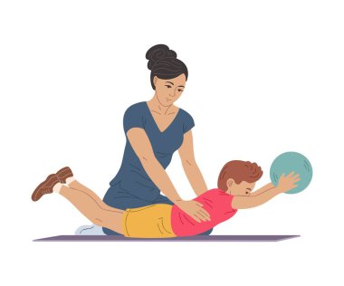 Fizik tedavi sırasında egzersiz topuyla çocuğa rehberlik eden kadın fizyoterapistin vektör çizimi. Pediatrik rehabilitasyon, medikal fizyoterapi, sırt eğitimi ve iyileşme desteği
