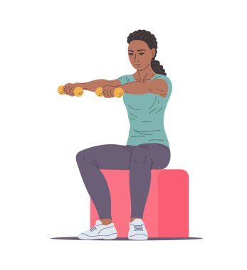 Oturan ve dambılları kaldıran, kollarını, omuzlarını ve duruşunu güçlendiren kadının vektör çizimi