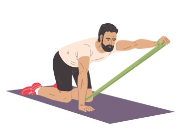 Fitness paspasındaki adam dört ayaklı direniş bandı egzersizi yapıyor. Kolları, çekirdeği, omuzları ve duruşunu güçlendirir. Rehabilitasyon ve zindelik