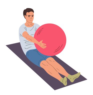 Fitness topunu tutarken gövde kaldıran adam. Karın egzersizi, karın kasları, duruş ve iyileşme. Düz vektör izole edildi