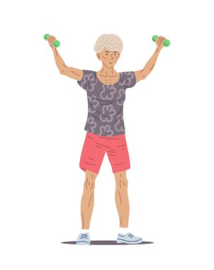 Üst düzey kadın dambılları kaldırıyor. Kollar, omuzlar, duruş, fitness ve rehabilitasyon için egzersiz. Düz izole resimleme