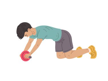 Kas tekeriyle egzersiz yapan çocuk dizlerinin üzerinde duruyor. Çekirdeği, sırtı, kolları ve duruşunu güçlendirir. Fitness ve rehabilitasyon için izole edilmiş düz vektör
