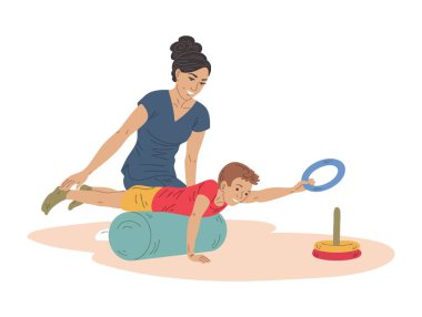 Fizyoterapist yardımı ile piramidin üzerine yüzükler yerleştirmek için terapi masasında sürünen bir çocuğun vektör çizimi. Pediatrik rehabilitasyon ve motor beceri eğitimi