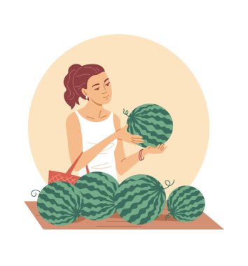 Sokak pazarında karpuz seçen genç bir kadın. Beyaz arka planda izole edilmiş düz vektör çizimi, sağlıklı gıda ve yaz konsepti