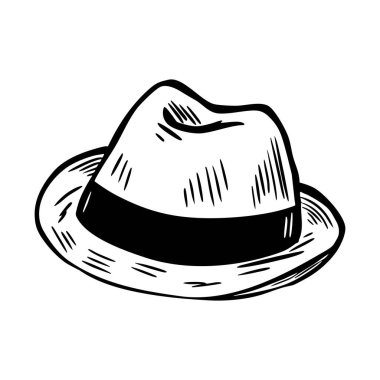 Elle çizilmiş fötr şapkanın vektör çizimi. Klasik dedektif ya da klasik moda aksesuarı beyaz arka planda izole edilmiş.