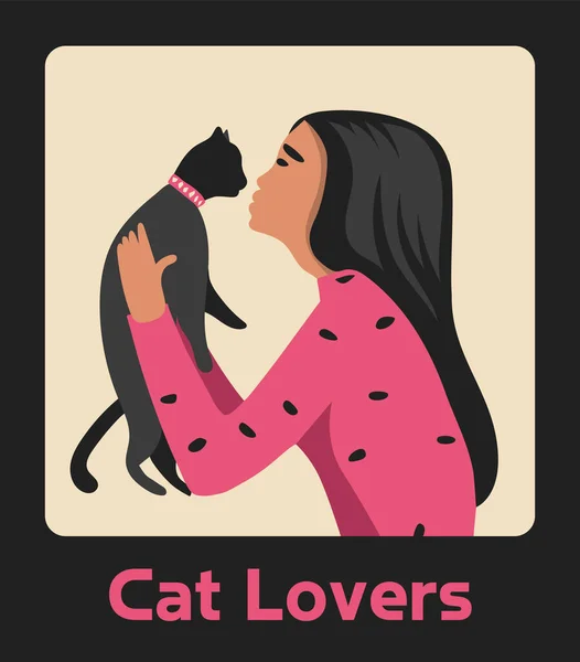 Menina Beijando Gato Dentro Uma Moldura Com Título Amantes Gato — Vetor de Stock