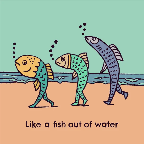 Illustration Three Fish Walking Beach Depicting Idiom Fish Out Water — Stock Vector