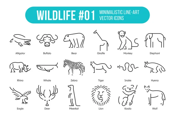 野生動物のアイコンのセットミニマリズムとシンプルなラインイラスト コレクションには 教育やカテゴリに適した18の動物が含まれています — ストックベクタ