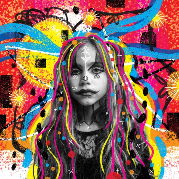 Artistic Collage Gothic Girl Abstract Background Bright Colorful Colors Graffiti — Stock Photo, Image