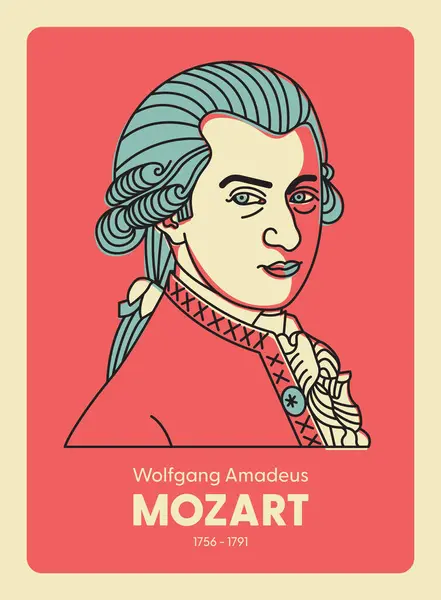 ヴォルフガング アマデウス モーツァルト ベクター手描きのスタイルで有名なクラシックミュージシャンイラストレーション ポスター サイン 印刷に最適です シリーズの一つ — ストックベクタ