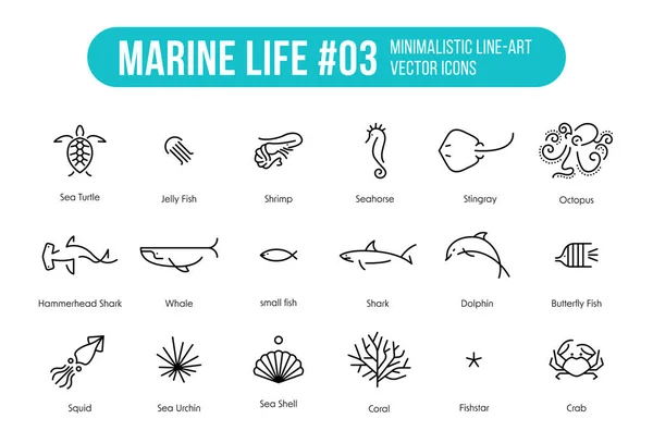 海洋生物ミニマリストのアイコンセットシンプルなラインイラスト コレクションには 教育やカテゴリに適した18の魚や海の動物が含まれています — ストックベクタ