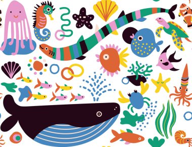 Çocuklar için balık ve deniz yaşamı içeren kusursuz desenli karalamalar. Yazdırma, tekstil ve grafik çizimlerine uygundur