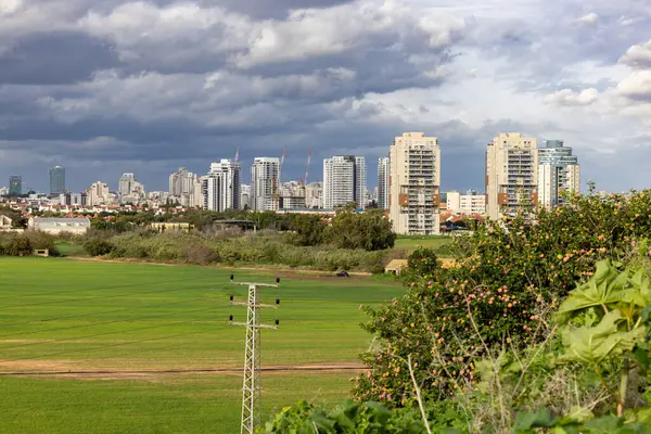 Hod Hasharon, İsrail 13 Ocak 2024. Uzaktan kasabanın panoramik görüntüsü. Şehir silueti yeşil tarlalar ve bulutlu gökyüzü ile çevrili sayısız yüksek binalarla görülebilir.