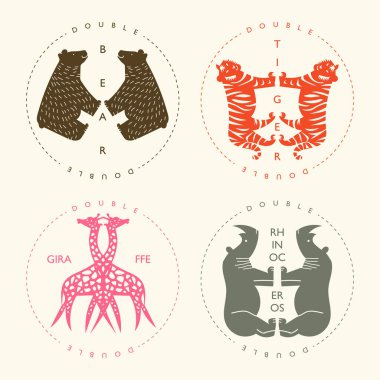 Retro labels with double animal illustrations and editable text. Suitable for prints, and stickers. Theme: Wildlife 01 clipart