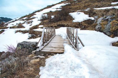 Himalayalar 'ın Karlı Dağları' ndaki Güzel Tahta Köprü Nepal Khaptad Ulusal Parkı