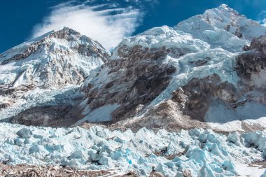 Dağ Zirvesi Khumbu Buzulu, Dağı. Everest, Mt. Muptse, Mt. Lhotse Solukhumbu, Nepal 'deki Everest Ana Kampı' ndan görüldü.