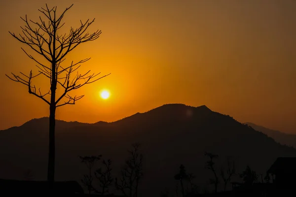 美丽的落日轮廓山与树 尼泊尔 霍唐市 — 图库照片