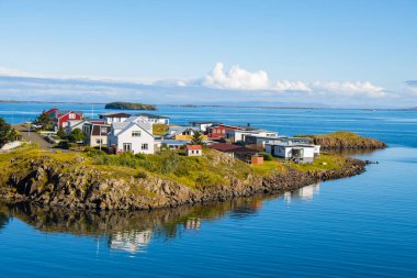 Sugandisey Cliffs, Iceland at Snaefellsnes Atlantic Ocean Sailing and Lighthouse of Island Landscape