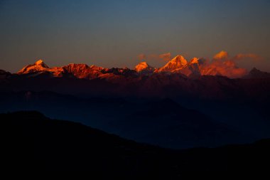 Sunset over the Himalayas, Red Skies and Mountains Ganesh Himal, Jugal, Langtang in Nepal