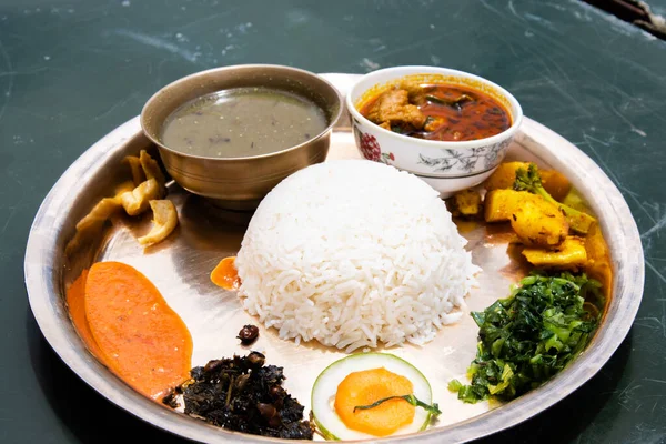 Traditional Nepali Thakali Dish Rice Lentils Curry Chutney Aka Daal — Stock Photo, Image