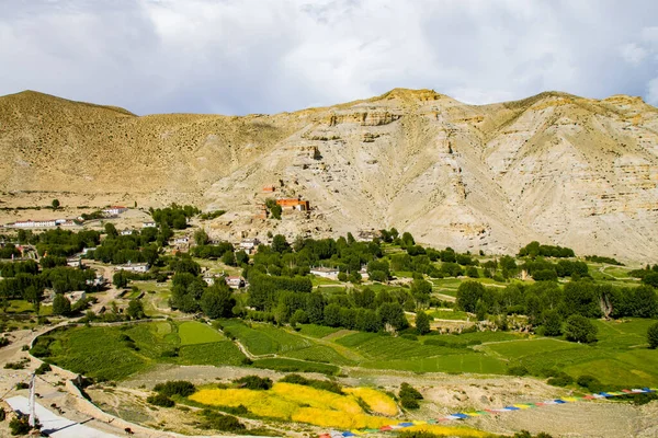 Hermoso Dramático Paisaje Tibetano Con Farmalnd Ghiling Village Del Alto —  Fotos de Stock