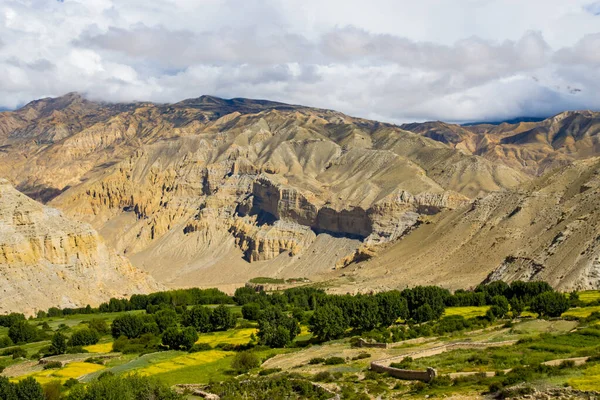 尼泊尔上野马古岭村美丽而富有戏剧性的Farmalnd西藏风景 — 图库照片