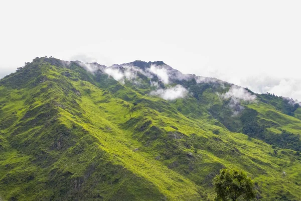 ネパールのモンスーンで霧山と滝で息をのむ緑の風景 — ストック写真