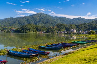 Muson yağmurları sırasında Pokhara şehrinde tekneleri ve yeşil dağları olan güzel Yeşil Phewa Gölü