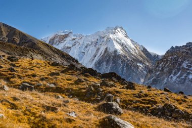 Güzel Himalaya, Nepal 'deki Kanchenjunga Kuzey Kampı' nda Pangpema 'ya giderken...