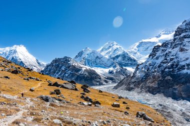 Güzel Himalaya, Nepal 'deki Kanchenjunga Kuzey Kampı' nda Pangpema 'ya giderken...