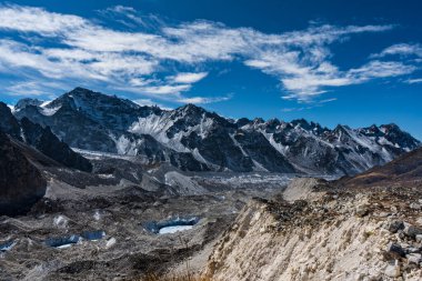 Kanchenjunga 'da kar kaplı dağlarla kaplı güzel Himalaya manzarası Nepal' de kamp gezisi