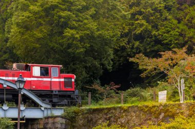 Alishan, Tayvan - 08 Ekim 2023: Alishan Ulusal Orman Parkı içinde Kırmızı Vintage Tren 