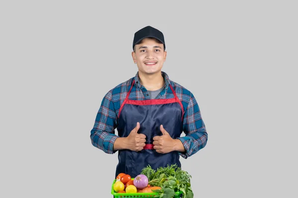 Jovem Masculino Ásia Muscular Agricultor Mostra Vários Gestos Expressões Juntamente — Fotografia de Stock
