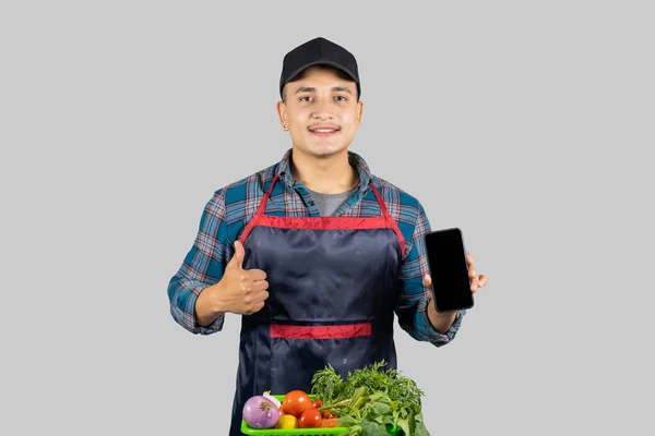 Jovem Empreendedor Asiático Vegetable Farmer Usando Computador Tecnologia Digital Telefone — Fotografia de Stock