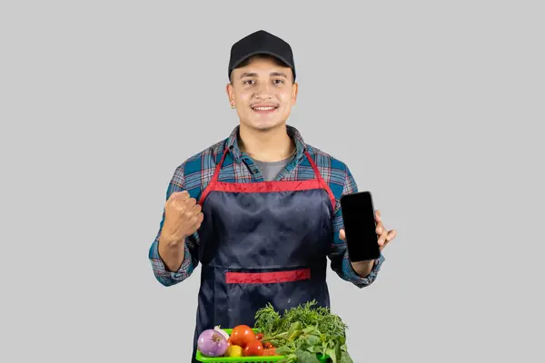 Jovem Empreendedor Asiático Vegetable Farmer Usando Computador Tecnologia Digital Telefone — Fotografia de Stock