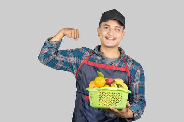 Jovem Asiático Muscular Saudável Masculino Agricultor Promovendo Estilo Vida Orgânico — Fotografia de Stock