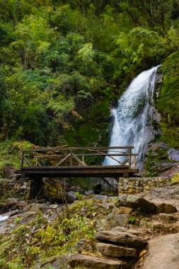 Taplejung, Kanchenjunga Trek, Nepal 'deki Thangyam köyünde ahşap köprüsü olan bir şelale.