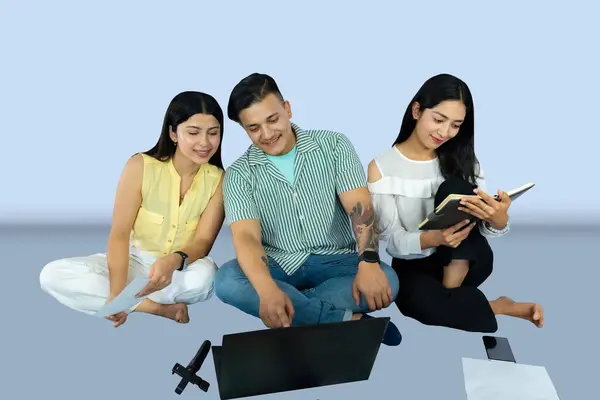 stock image A group of copywriter students  friends with notepad, mobile phone, laptop giving gestures expresions and working together joyfully