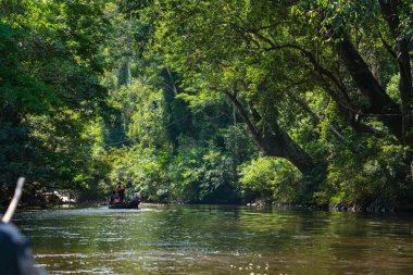 Pahang, Malezya - 14 Mayıs 2024: Taman Negara Milli Parkı 'ndaki Tahan Nehri' nde Kuala Tahan Jetty Motorlu Botlarının keyfini süren turistler