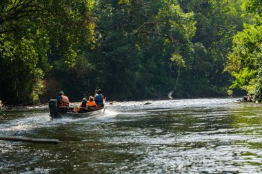 Pahang, Malezya - 14 Mayıs 2024: Taman Negara Milli Parkı 'ndaki Tahan Nehri' nde Kuala Tahan Jetty Motorlu Botlarının keyfini süren turistler