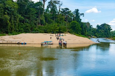 Pahang, Malezya - 14 Mayıs 2024: Taman Negara Milli Parkı 'ndaki Tahan Nehri' nde Kuala Tahan Jetty Motorlu Botlarının keyfini süren turistler